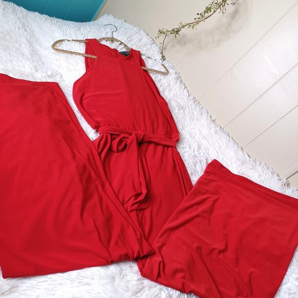 Lauren Ralph Lauren Women’s Jumpsuit Red Wide Leg Belted Formal Stretch Size PM - Picture 2 of 8